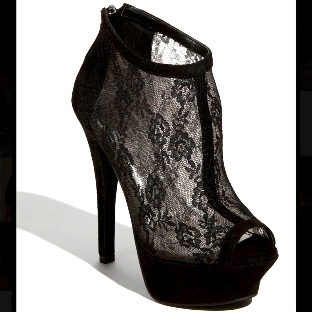 BEBE // New Platform Heel 6.5 Olivia Lace Booties Black